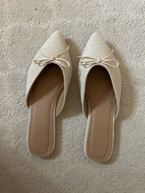 Pointed Toe Bow Slide Flats in Cream